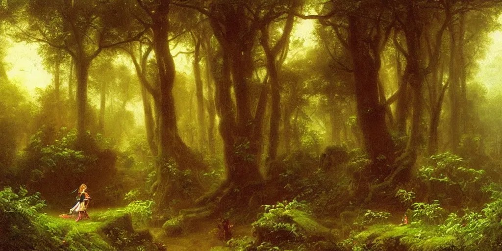 Prompt: close up of young link with fairy!!!! entering an old!!! forest temple!!! full of green trees and plants, under a gray foggy sky, oil painting by albert bierstadt