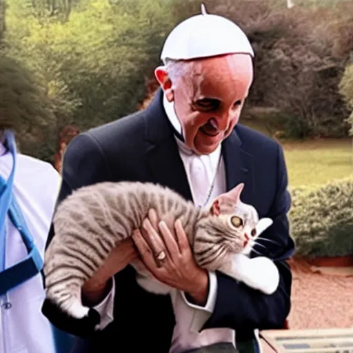 Prompt: Pope Francis holdingh a alien cat