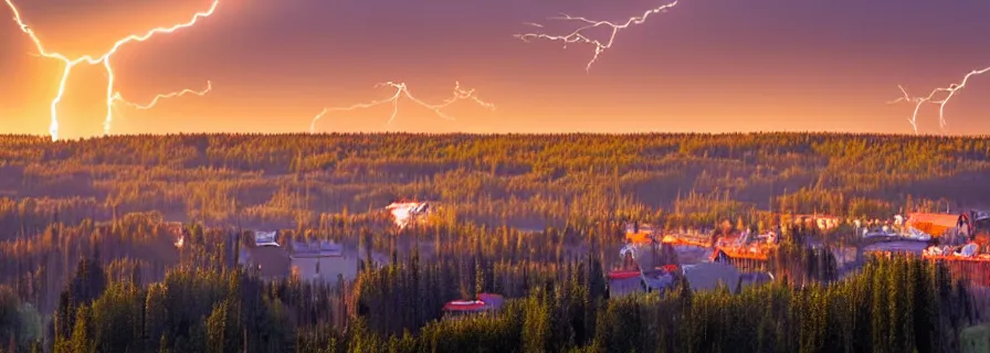 Image similar to view on sleeping district in province russian town at morning sunrise, doomer romantic lightning, squared buildings, trees