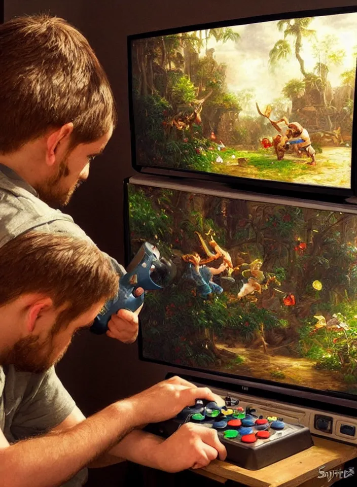 Image similar to Men playing video games on CRT television using Atari joysticks. Painting by Sophie Anderson. Intricate details. hyper realism. Masterpiece.