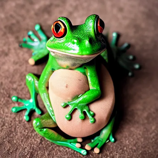 Prompt: frog giving birth to a army man