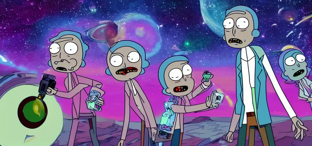 Image similar to galaxy, e - scooter invasiom, rick and morty, cinematic