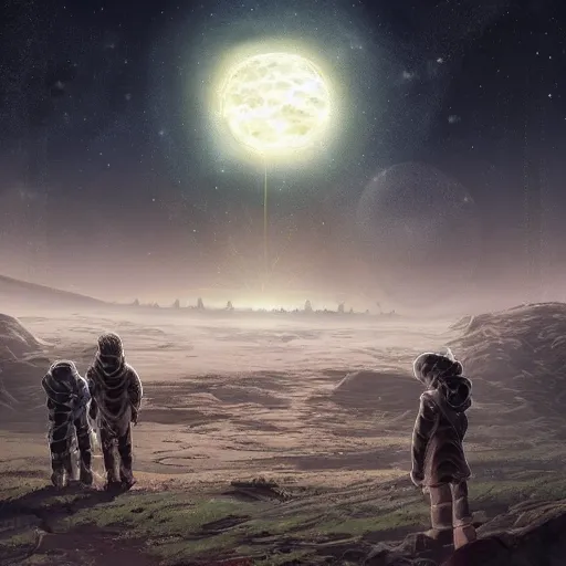 Prompt: intricate concept art of star people observing their descendants on a far-away planet