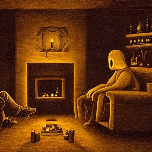 Image similar to interior night, a man is sitting on a couch next to a ouija board, looking vulnerable and lonely, surrounded by faceless invisible tender ghosts emerging from the hearth to reach for him