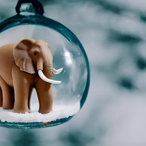 Image similar to a photograph of an elephant inside a snow globe toy, detailed photograph