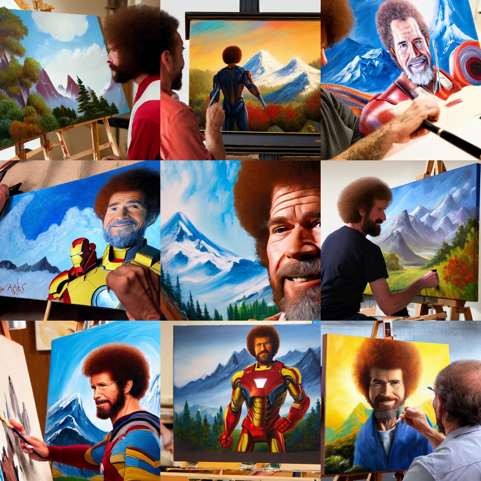 Prompt: a closeup photorealistic photograph of bob ross working on a canvas painting of iron man in his studio. mountain scape. film still, vibrant colors. this 4 k hd image is trending on artstation, featured on behance, well - rendered, extra crisp, features intricate detail, epic composition and the style of unreal engine.