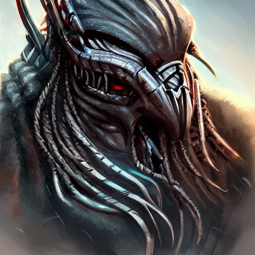 Image similar to predator redesign, portrait, highly detailed, dreadlocks, mandables, digital painting, trending on artstation, concept art, illustration