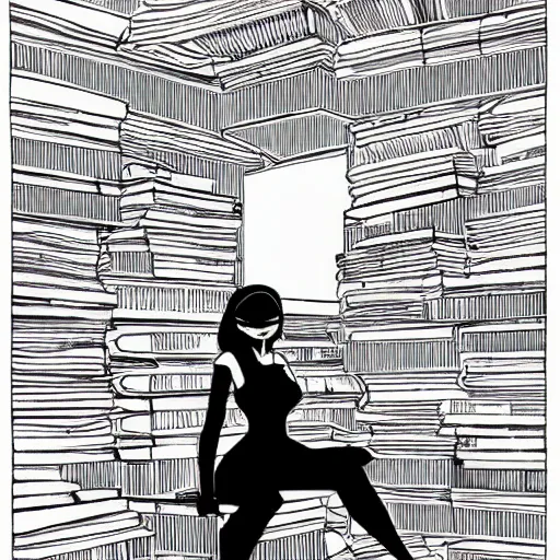 Prompt: clean simple line art of a woman sitting on top of a tall pile of books. white background. well composed, clean black and white line drawing, beautiful detailed face. illustration by josan gonzalez and steve ditko and greg rutkowski