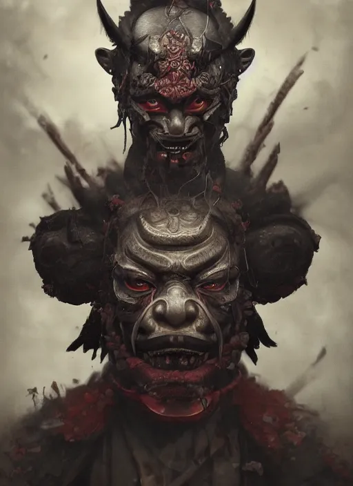 Prompt: dark samurai portrait, symmetrical face, hannya oni mask, after a battle, dirt and unclean, extreme detail, cinematic, dramatic lighting render, by tom bagshaw, masterpiece