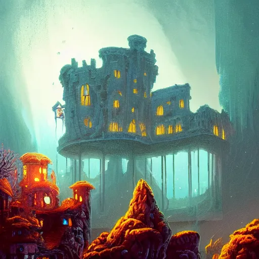 Prompt: a beautiful and ultradetailed concept art illustration of a ghostly manor ruins at the bottom of the ocean by rafal olbinski, bioware and paul lehr and dan mumford, sparth and raphael lacoste, concept art wallpaper 4 k, trending on artstation, concept art, cinematic, unreal engine, trending on behance