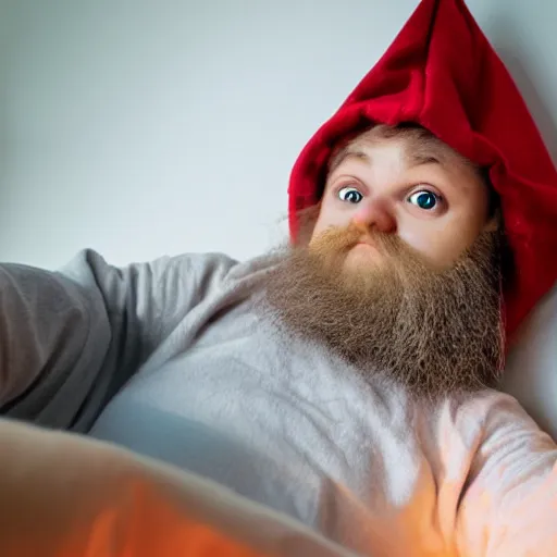 Image similar to pov of person lying in bed, creepy gnome standing beside the bed, staring at the camera