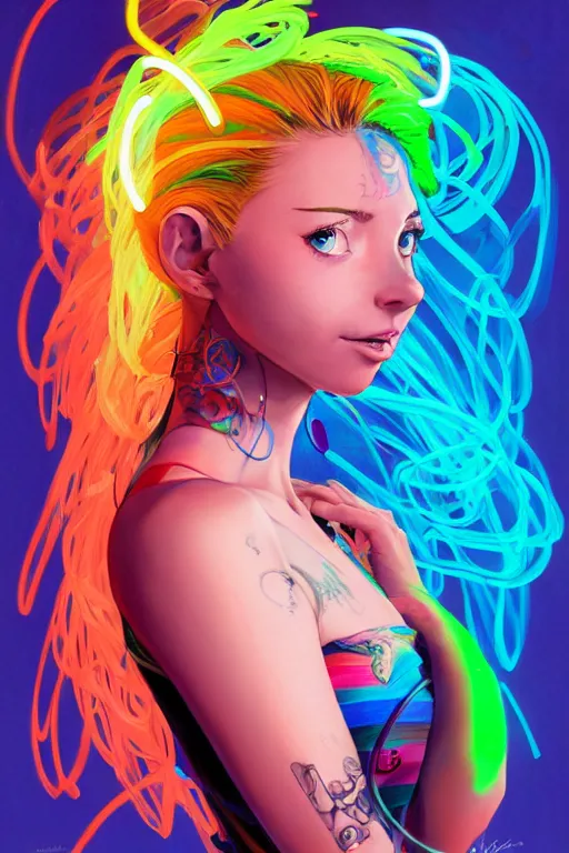 Image similar to a award winning portrait of a beautiful woman with stunning eyes in a one off shoulder croptop and cargo pants with rainbow colored hair, outlined by whirling illuminated neon lines and fine lines swirling in circles by jesper ejsing and rhads and makoto and shinkai and lois van baarle, digital art, trending on artstation