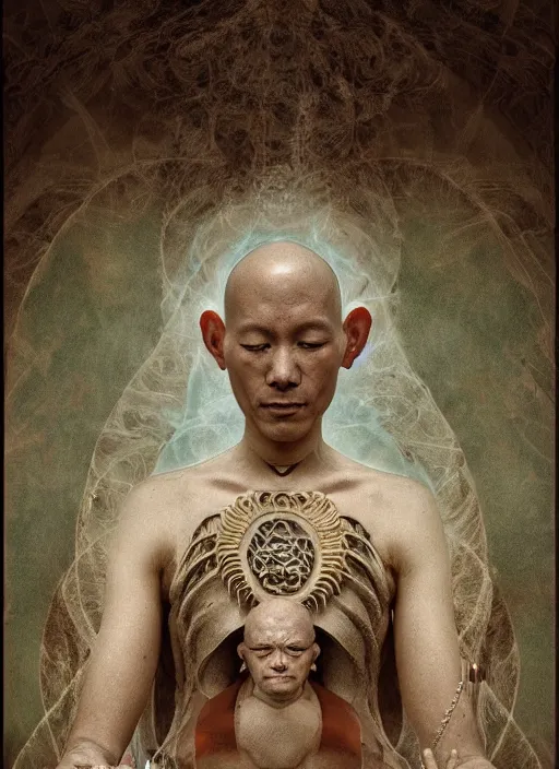 Image similar to portrait of a meditating cyborg monk, sacred scolls, fractal, in the style of ghosts in the shell, intricate ornaments, elegant, highly detailed, digital photography, subsurface scattering, by jheronimus bosch and greg rutkowski,
