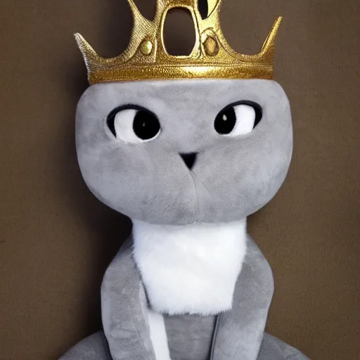 Image similar to gray anthropomorphic, cat female with a whit and chest, wearing a golden crown, big blue eyes, plushy