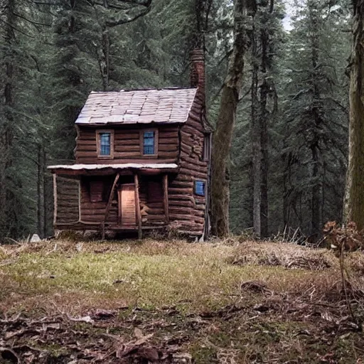 Image similar to a Eerie cabin in the middle of the woods in the style of claymation