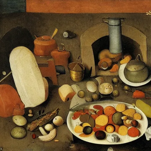 Image similar to the cat cooks soup, stirring a pot with a ladle and cutting vegetables, oil painting, drawn by Bruegel