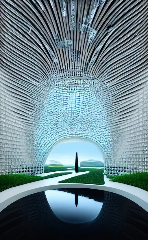 Image similar to villa parametric architecture fluid design, vincent callebaut well - defined style, ultra detailed, monochromatic, natural volumetric lighting, generative art nebula, cinematic, photo realistic, hyper real, surreal design, flow everywhere, walls made of crystal clear water, black metal, magnesium, 8 k,