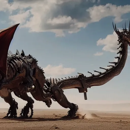 Image similar to cinematic still of westworld, intact si - fi robotic fantasy dragon, well armored mech dragon, highly detailed