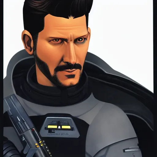 Prompt: adam jensen spaceship pilot portrait by ralph mcquarrie. trending at artstation