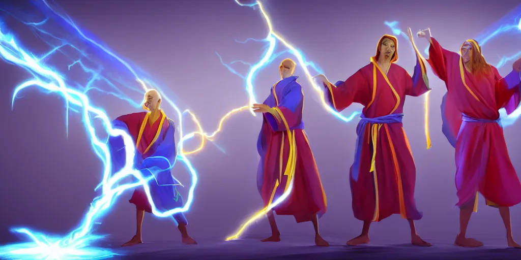 Image similar to two brother mages in robes, they are in a workshop in front of a desk working on a new spell that is casting out flowing energy. colorful, flowing energy, light rays, medium shot, waist up, sharp, concept art, highly detailed, bloom, dramatic lighting, cinematic, by dreamworks