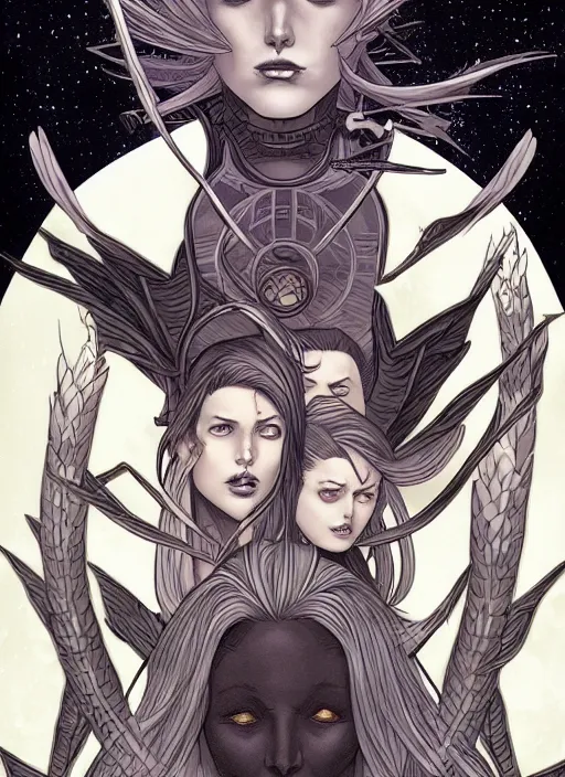 Image similar to meliadoul versus agrias, science fiction comic illustration by sana takeda and jenny frison, intricate, stunning inking lines, hyper detailed, 4 k, hd, award winning, photorealistic