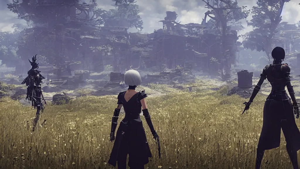 Image similar to Screenshot from Nier Automata in a beautiful countryside field
