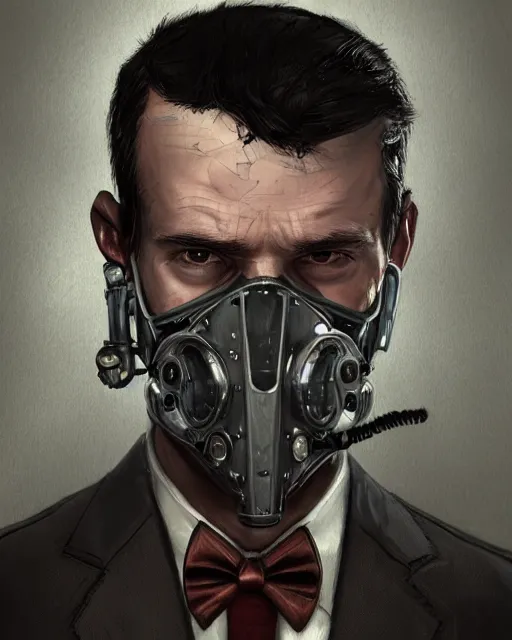 Image similar to a rugged young engineer man with cybernetic enhancements wearing a suit and bowtie, detailed face with mask, scifi character portrait by greg rutkowski, esuthio, craig mullins, 1 / 4 headshot, cinematic lighting, dystopian scifi gear, gloomy, profile picture, mechanical, half robot, implants, steampunk