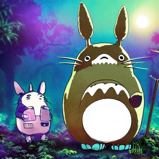 Prompt: totoro very sad but is a drummer, another totoro has an electric guitar, sparkles all around, in the middle of the forest, fantasy digital art, wow, stunning, ghibli style, hight quality