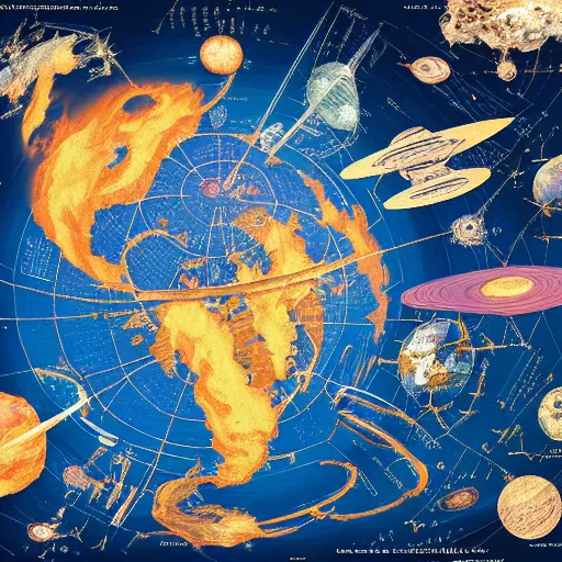 Prompt: highly detailed graphic poster with the world on fire, surrounded by space junk and old satellites, as seen from space, in the style of old botanical illustrations, matisse, caravaggio and japanese art, 4 k