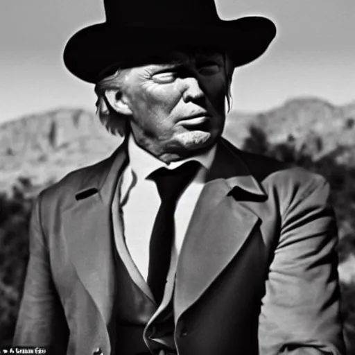 Image similar to an 1 8 0 0 s photo of donald trump playing the role of clint eastwood, squinting at high noon, in the style of a clint eastwood movie, the good, the bad and the ugly, clint eastwood, vibe, donald trump, glory days, mount rushmore, stern, resolve, formal, justice, american flag, independence, patriotism