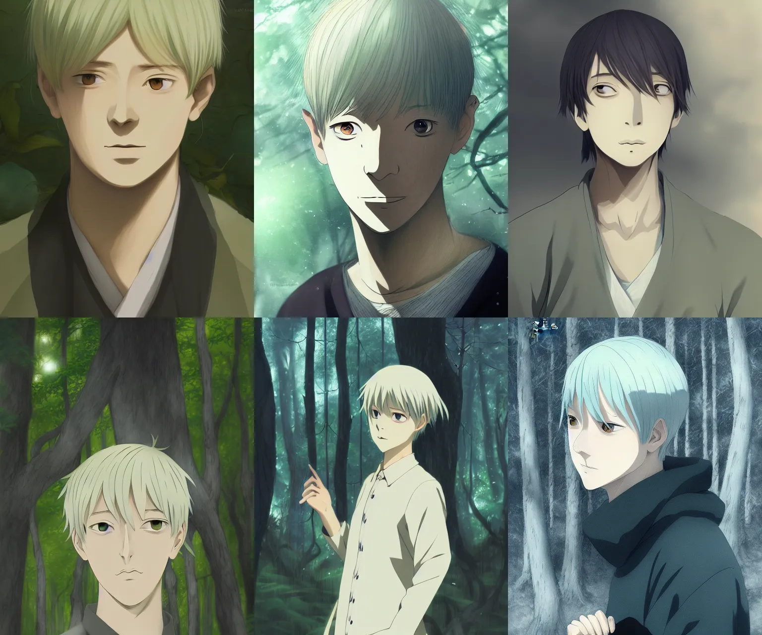 Prompt: portrait of ginko from mushishi, fantasy, forest, ethereal, artstation, trending, deviantart, digital art, mesmerizing, beautiful, focus, smooth, concept art, beautiful, highly detailed, anime, by artland animation studio