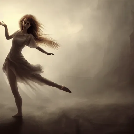 Prompt: white female dancing gost, matte painting, cinematic, epic composition, detailed, atmospheric, wide angle, artstation trending