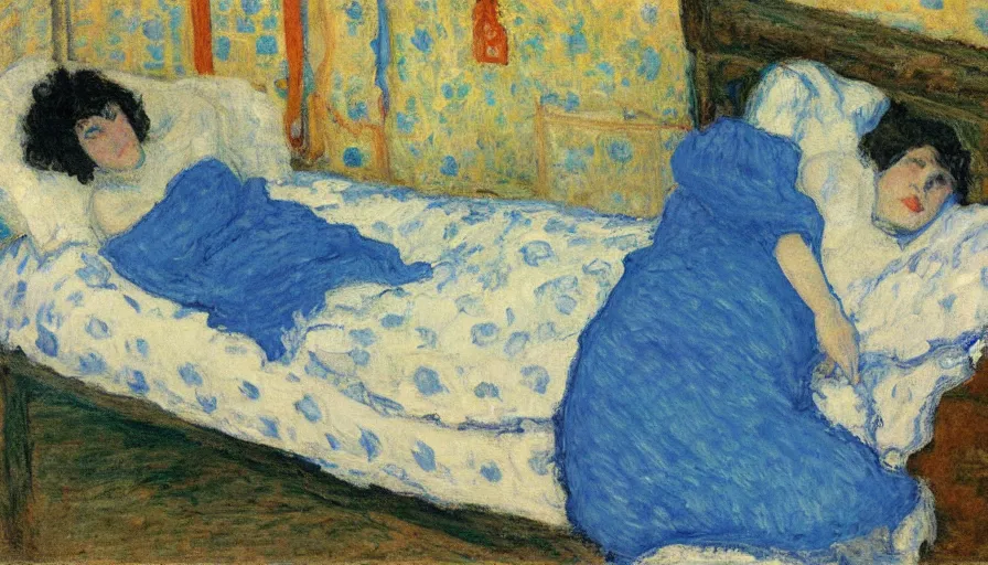 Image similar to woman with blue dress laying on the bed, by pierre bonnard