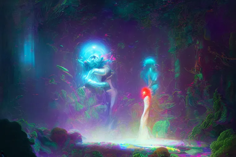 Image similar to a psychedelic realm hidden away in a pocket of ethereal understanding, astral beings sharing love greg rutkowski wlop lisa frank bob ross, ruan jia, illustration