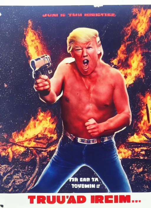 Image similar to an 8 0's john alvin action movie poster of donald trump starring in trumpster fire. explosions.