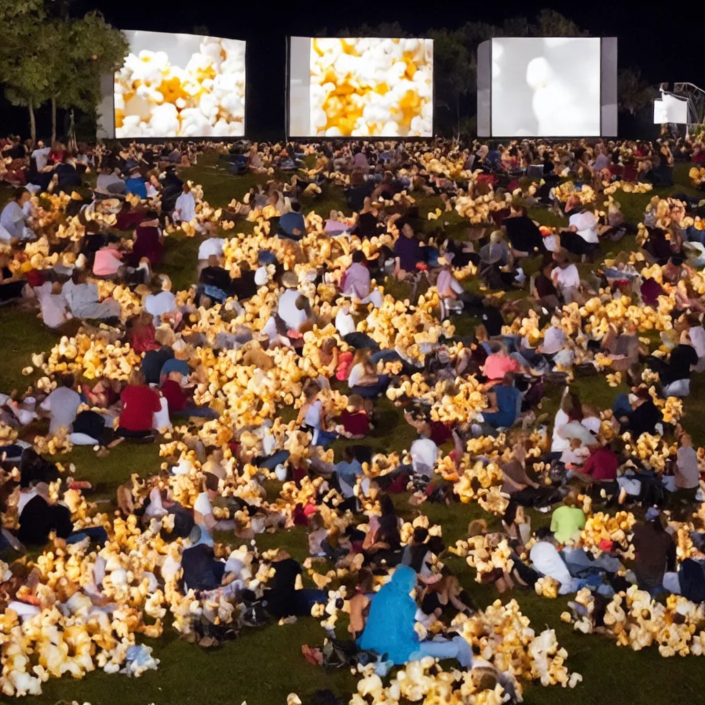 Prompt: outdoor cinema with giant popcorn kernels at night