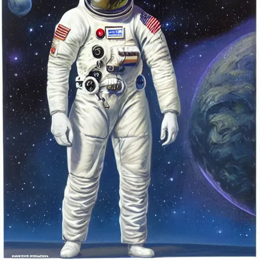 Prompt: peter elson painting of a tough anthropomorphic dog in a space suit