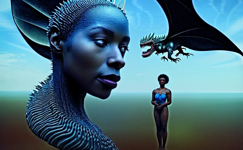 Prompt: realistic detailed photorealistic film close up portrait shot of a beautiful black woman with, sci-fi landscape with a drogon on background by Denis Villeneuve, Amano, Yves Tanguy, Alphonse Mucha, Ernst Haeckel, Andrei Tarkovsky, Edward Robert Hughes, Roger Dean, rich moody colours, wide angle, blue eyes