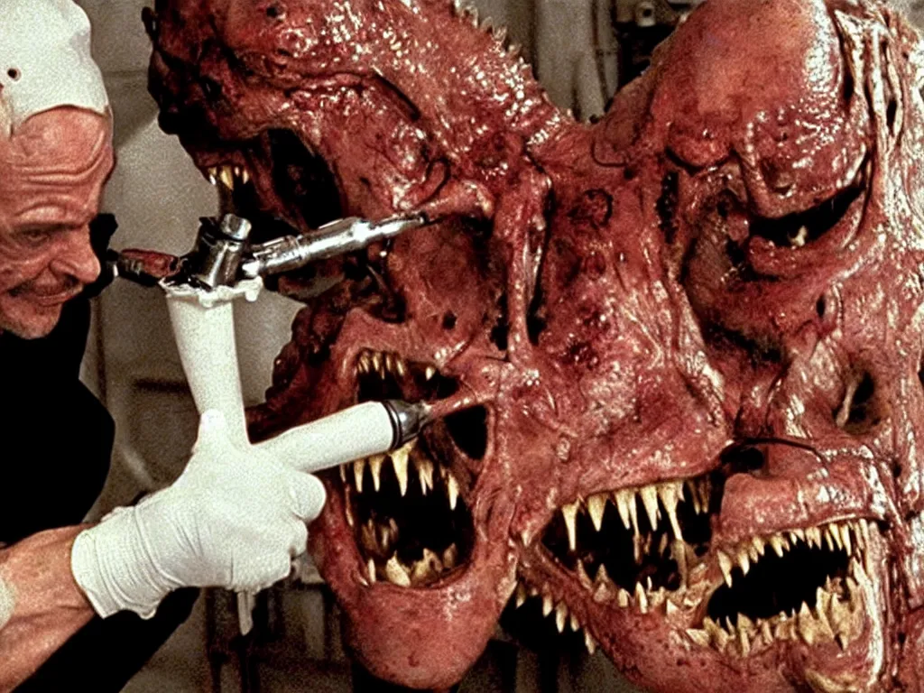 Prompt: movie still b - grade horror film budget production dentist wearing a facemask drilling the teeth scary dangerous biomechanical crocodile creature made of bone, bulging wide eyes, wes craven stanley kubrick david cronenberg george a romero guillermo del toro sharp focus