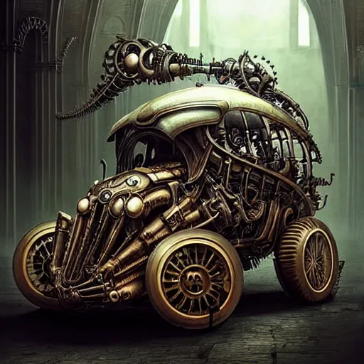 Image similar to biomechanical steampunk vehicle reminiscent of fast sportscar with robotic parts and (glowing) headlights parked in ancient lush palace, gothic and baroque, brutalist architecture, ultradetailed, creepy ambiance, fog, artgerm, giger, Intricate by Ellen Jewett and Josan Gonzalez and Giuseppe Arcimboldo