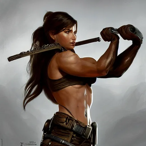 Image similar to portrait of lara croft as a female bodybuilder police officer, fantasy, intricate, elegant, highly detailed, digital painting, artstation, concept art, matte, sharp focus, illustration, art by aenaluck and roberto ferri and greg rutkowski, epic fantasy, digital painting