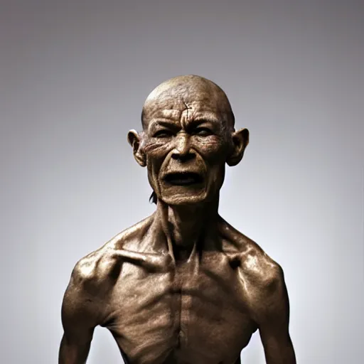 Prompt: hyperrealistic sculpture of a fossilized bronze chinese prisoner by ron mueck and duane hanson and giacometti and elizabeth frink, patina, hyperrealistic dramatic lighting 8 k