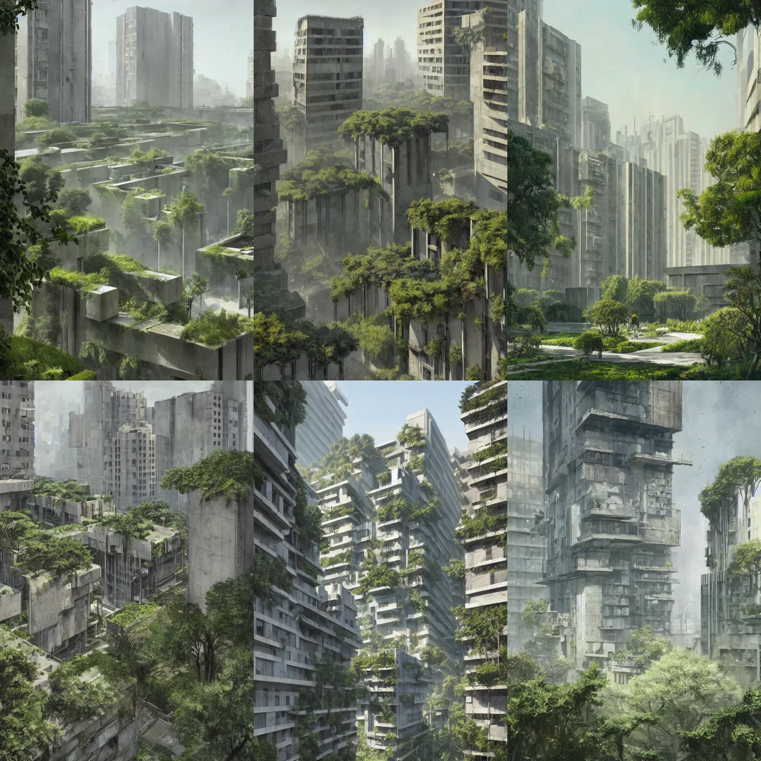 Prompt: brutalist concrete green city, gardens and vegetation growing on the buildings, summer season, very hot, dry, architecture, a realistic digital painting by greg rutkowski and james gurney, trending on artstation, highly detailed, 8 k