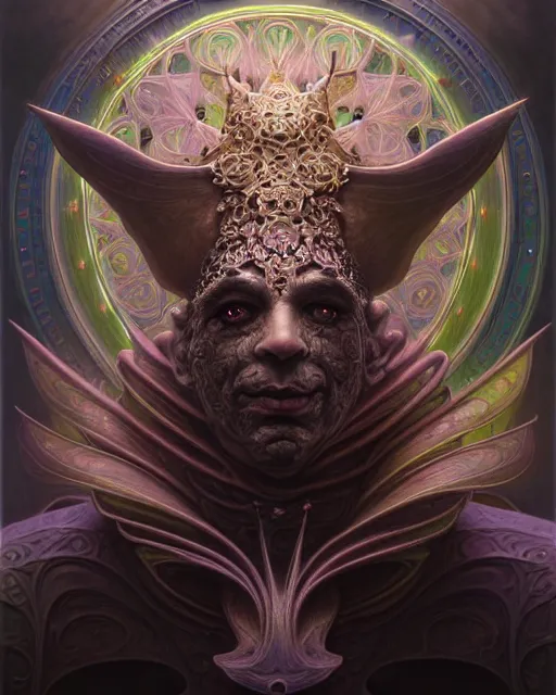 Prompt: front shot of a court jester character, hyperdimensional, bioluminescent, ((intricate)), elegant, highly detailed, centered, (((artstation, concept art, smooth, sharp focus, artgerm, Tomasz Alen Kopera, Peter Mohrbacher, donato giancola, Joseph Christian Leyendecker, WLOP, Boris Vallejo))), mugshot!!!!!, ugly!!!!!!, octane render, nvidia raytracing demo, grainy, muted