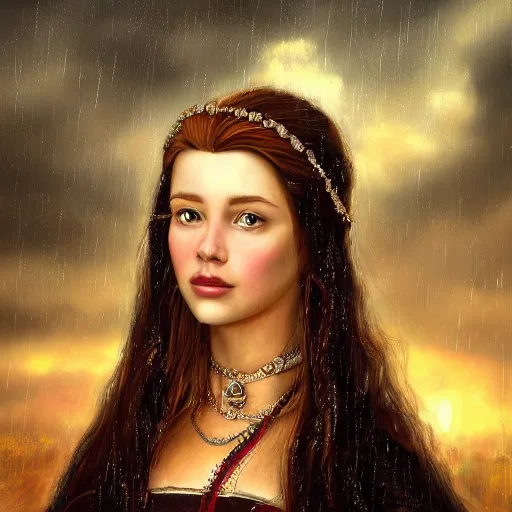 Image similar to portrait of an princess, painting by michael wellen, john stephens, in a medieval city, tone mapping, stormy weather, tempest, trending on artstation