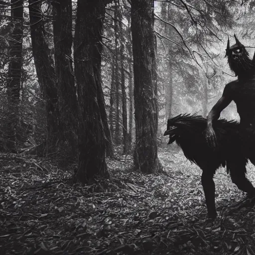 Prompt: werecreature consisting of male human and crow, photograph captured in a forest