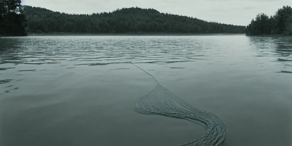 Prompt: centered photograph of a long thin single line of rope zig zagging snaking across the surface of the water into the distance, submerged underwater rope stretching out towards the center of the lake, a dark lake on a cloudy day, color film, trees in the background, hyper - detailed photo, anamorphic lens