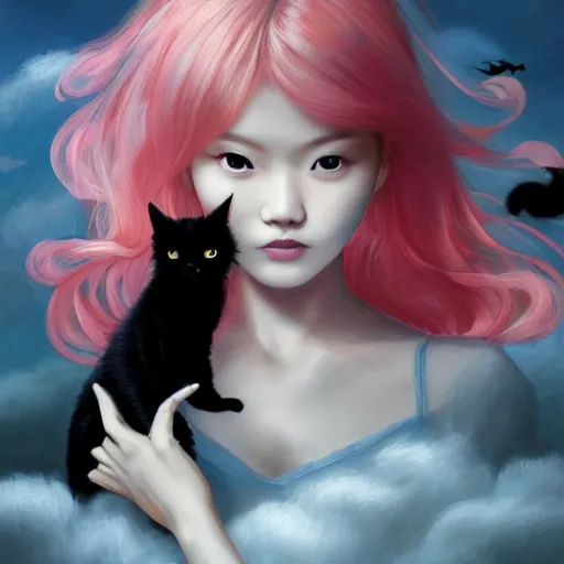 Image similar to style of Guo Hua ,young vampire and her black cat , full body , realistic, detailed, white, light pink tonalities, beautiful collage technique including clouds, sea, wind, ornate sea background, beautiful Fantasy detailed trending on artstation, oil painting,Dramatic lighting, eterea , high quality print, fine art with subtle redshift rendering