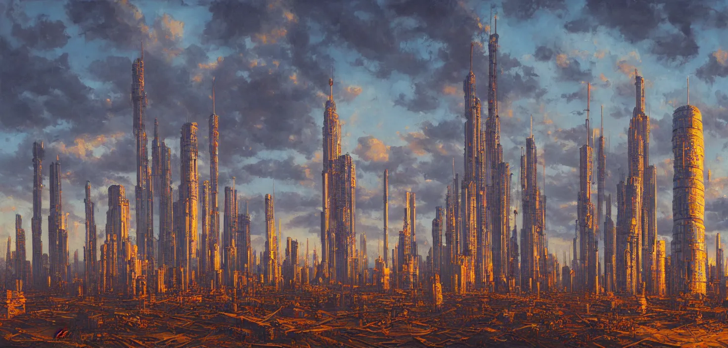 Prompt: an intricate oil painting by simon stalenhag and michael whelan, tall skyscrapers in background and cloudy sky, golden hour