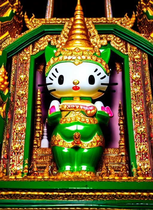 Image similar to emerald buddha temple with hello kitty theme, high lights, 4 k, high detailed photography, 5 0 mm lens, depth of field, cinematic